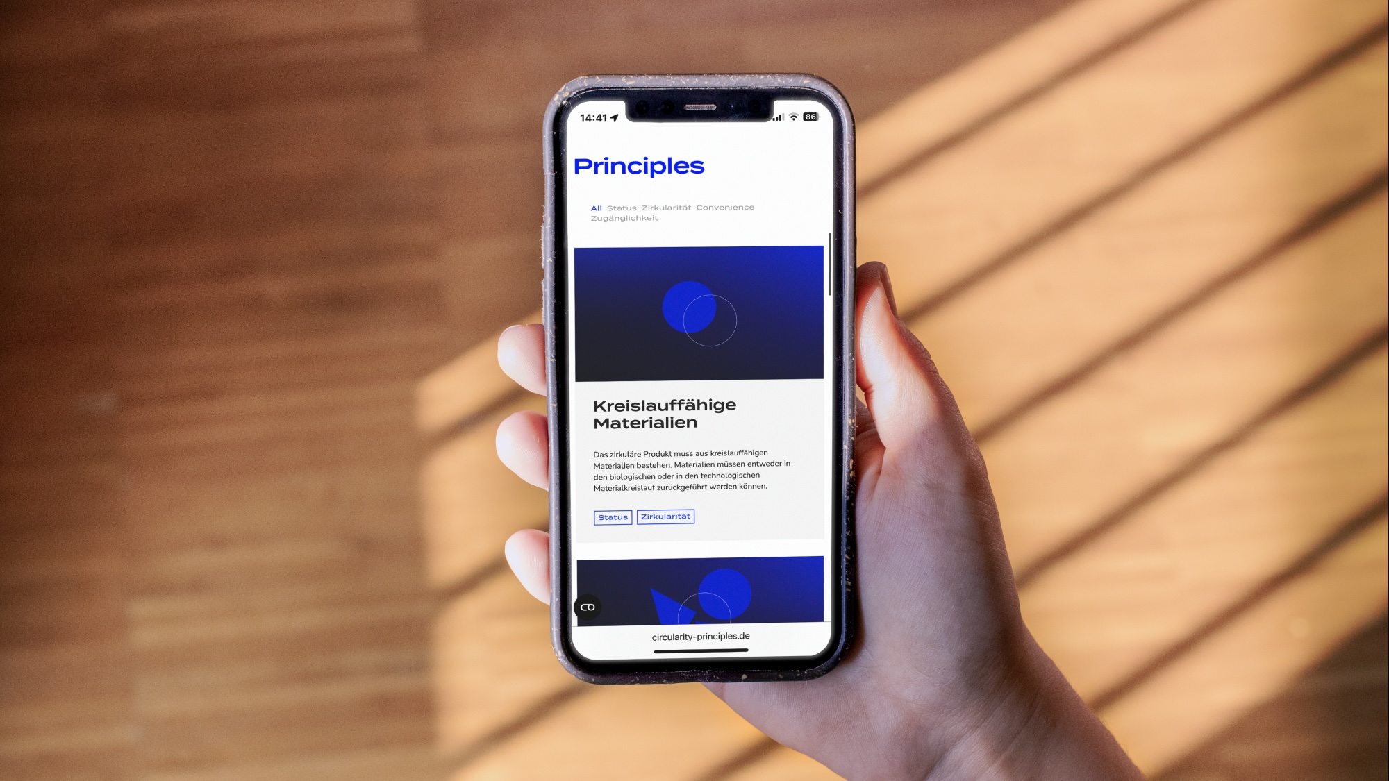 Hand mit Smartphone, zeigt einen Ausschnitt der Website Circularity Principles zu den Filtermöglichkeiten