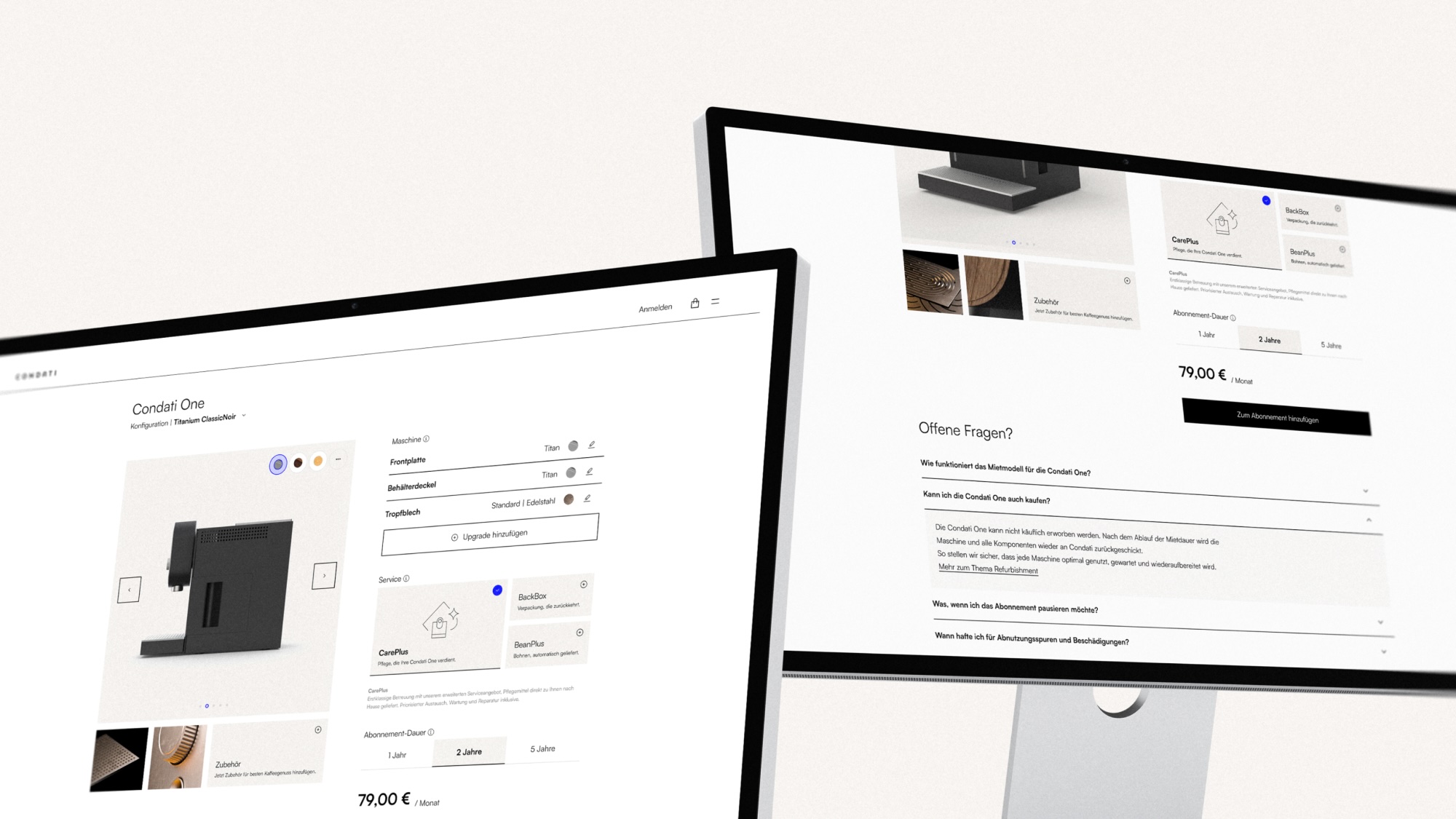 Zwei Bildschirme mit Ausschnitten des Condati Online Shops