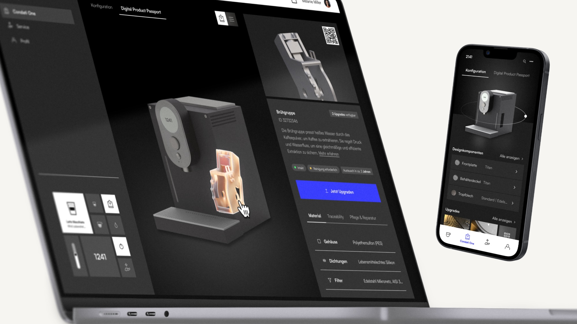 Laptop und Smartphone, welche die App-Anwendung mit einem digitalen Zwilling der Condati One zeigen