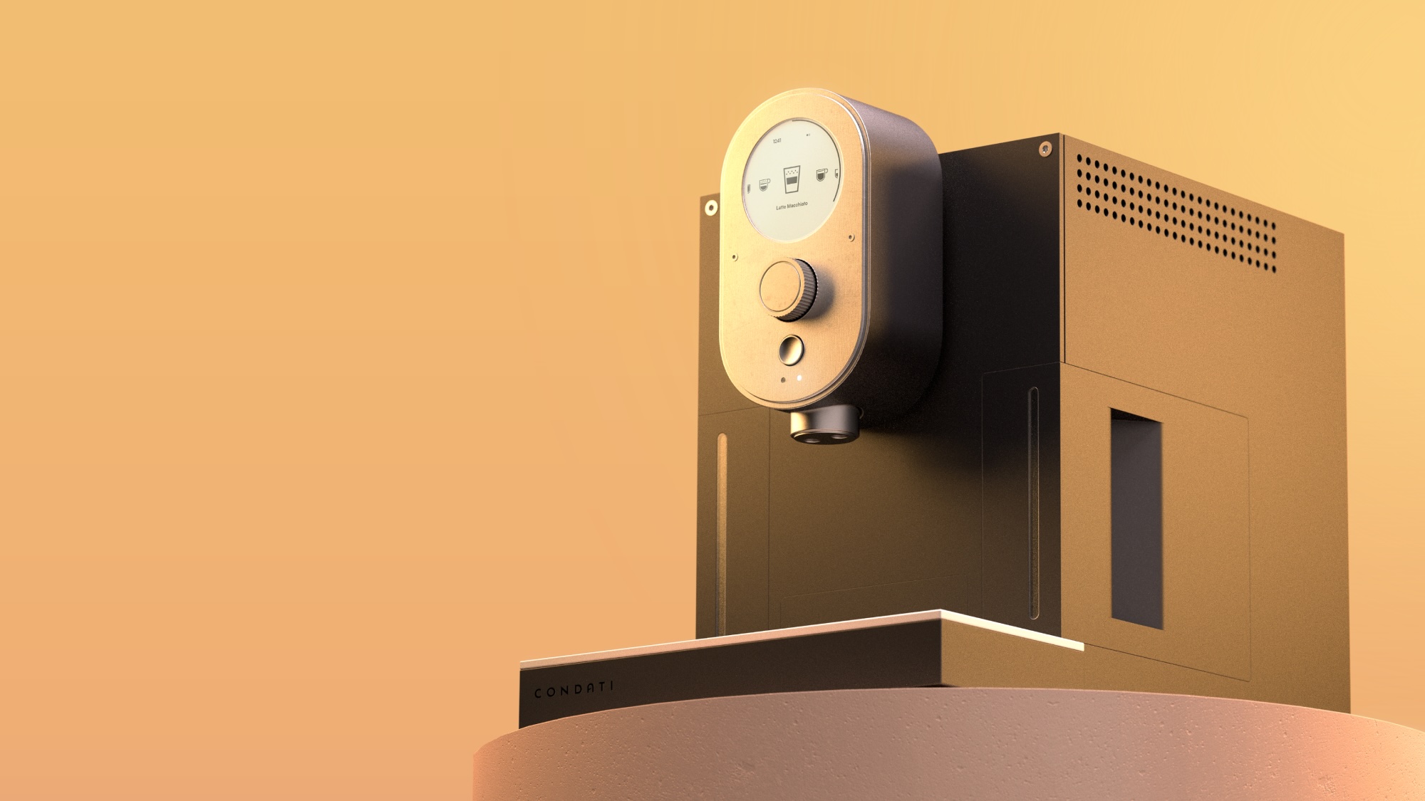 Rendering des Kaffeevollautomaten Condati One vor orangenem Farbverlauf