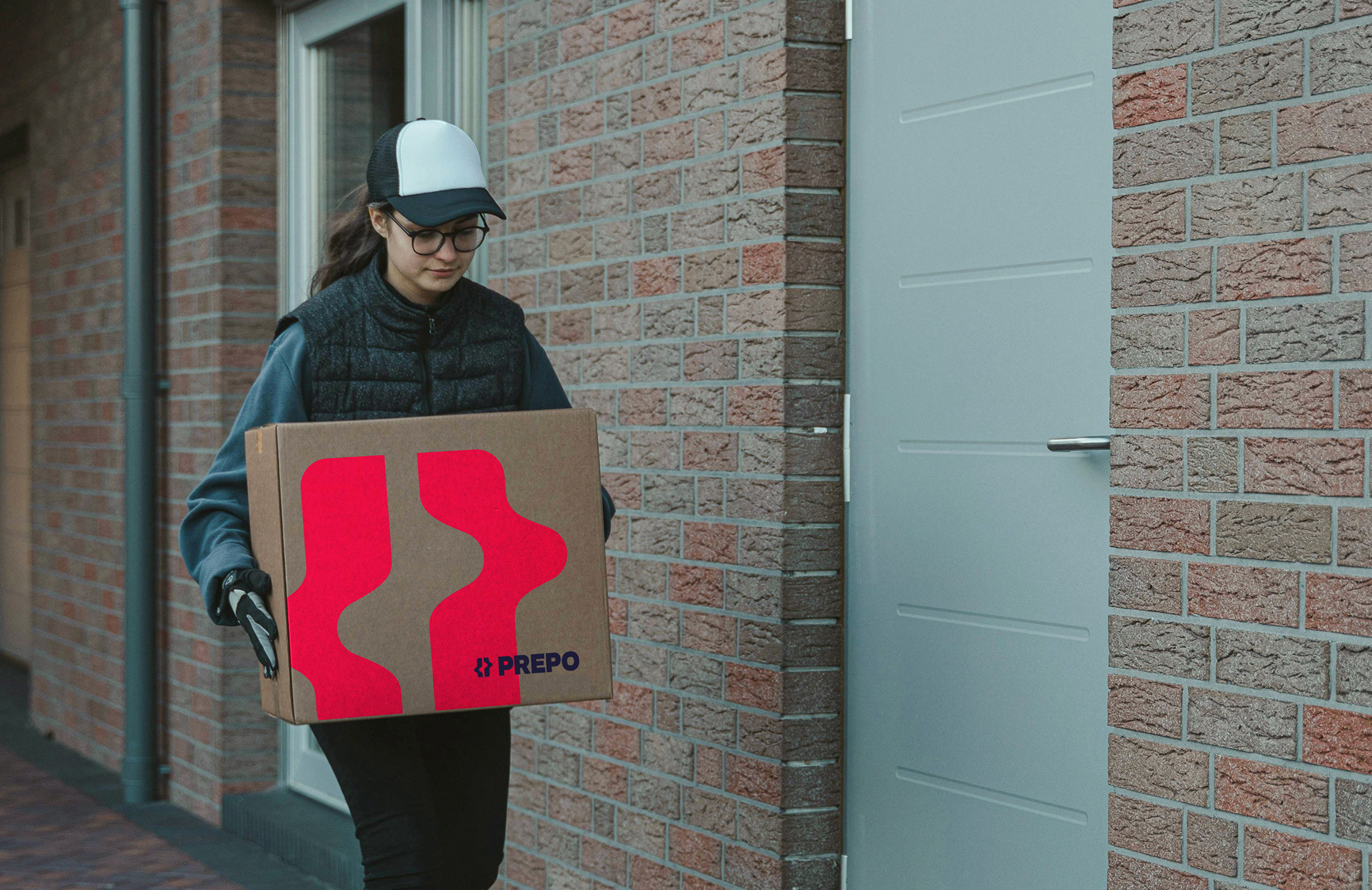 Nette junge Dame liefert ein Paket mit Prepo Logo