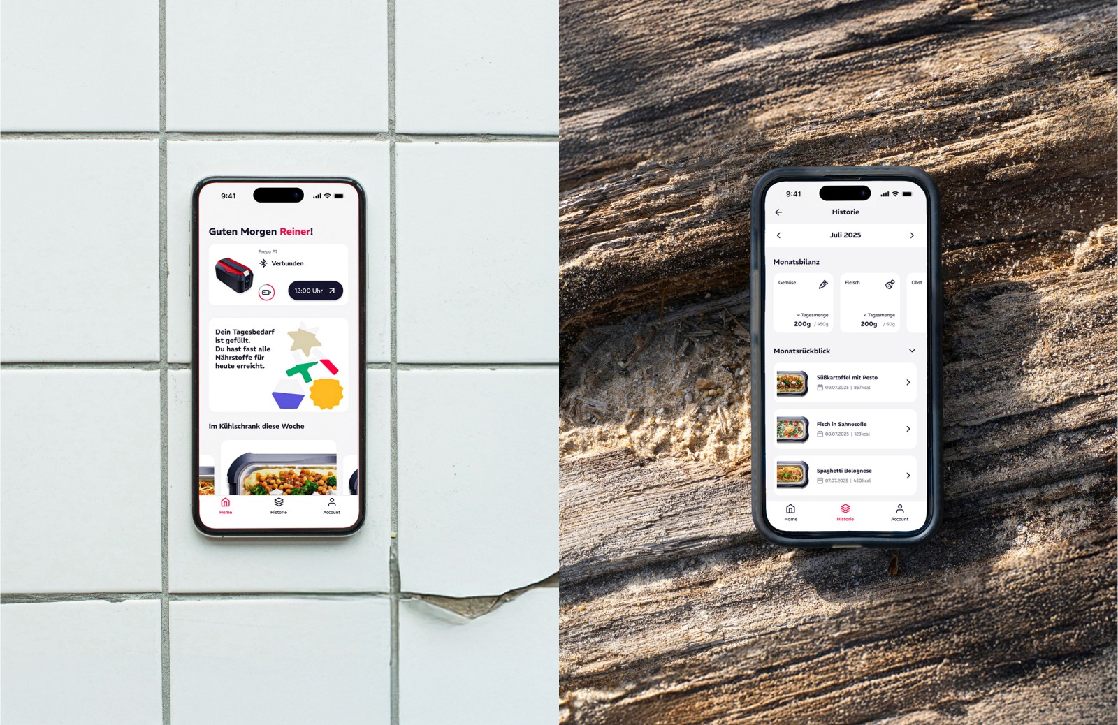 Smartphone auf unterschiedlichem Untergrund zeeigt PREPO App