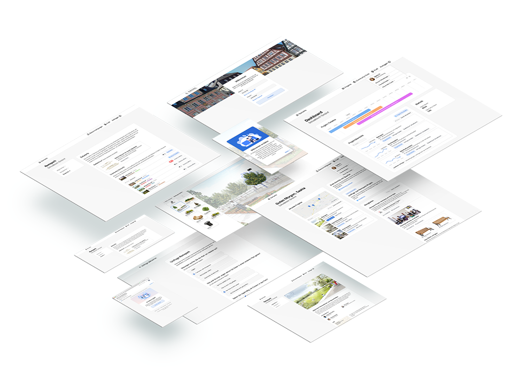 A perspective mockup showing different user interfaces layed on top of each other.