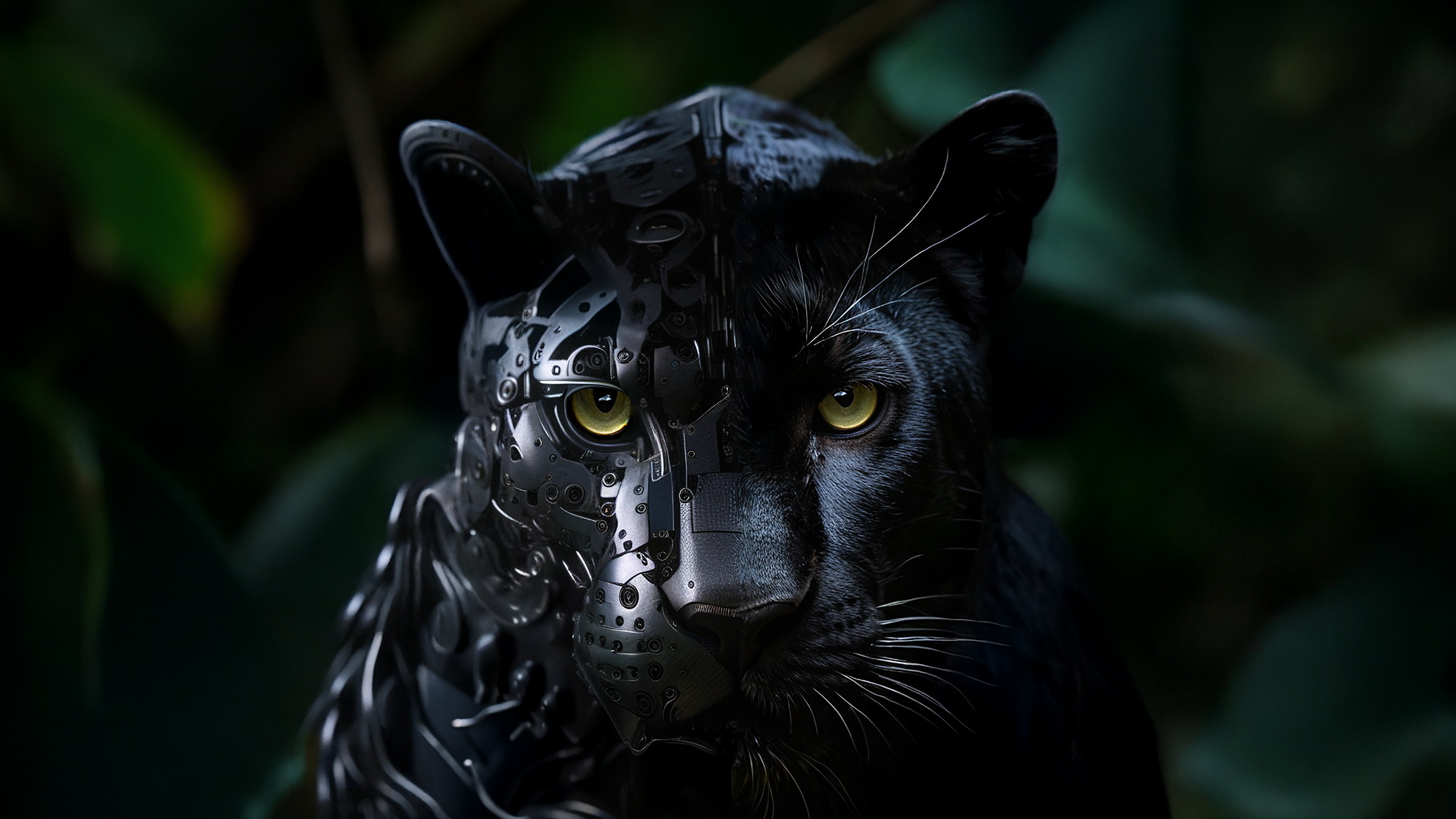 Bild eines Jaguars, welcher halb Roboter und halb echtes Tier ist und den Betrachter des Bildes frontal anschaut.