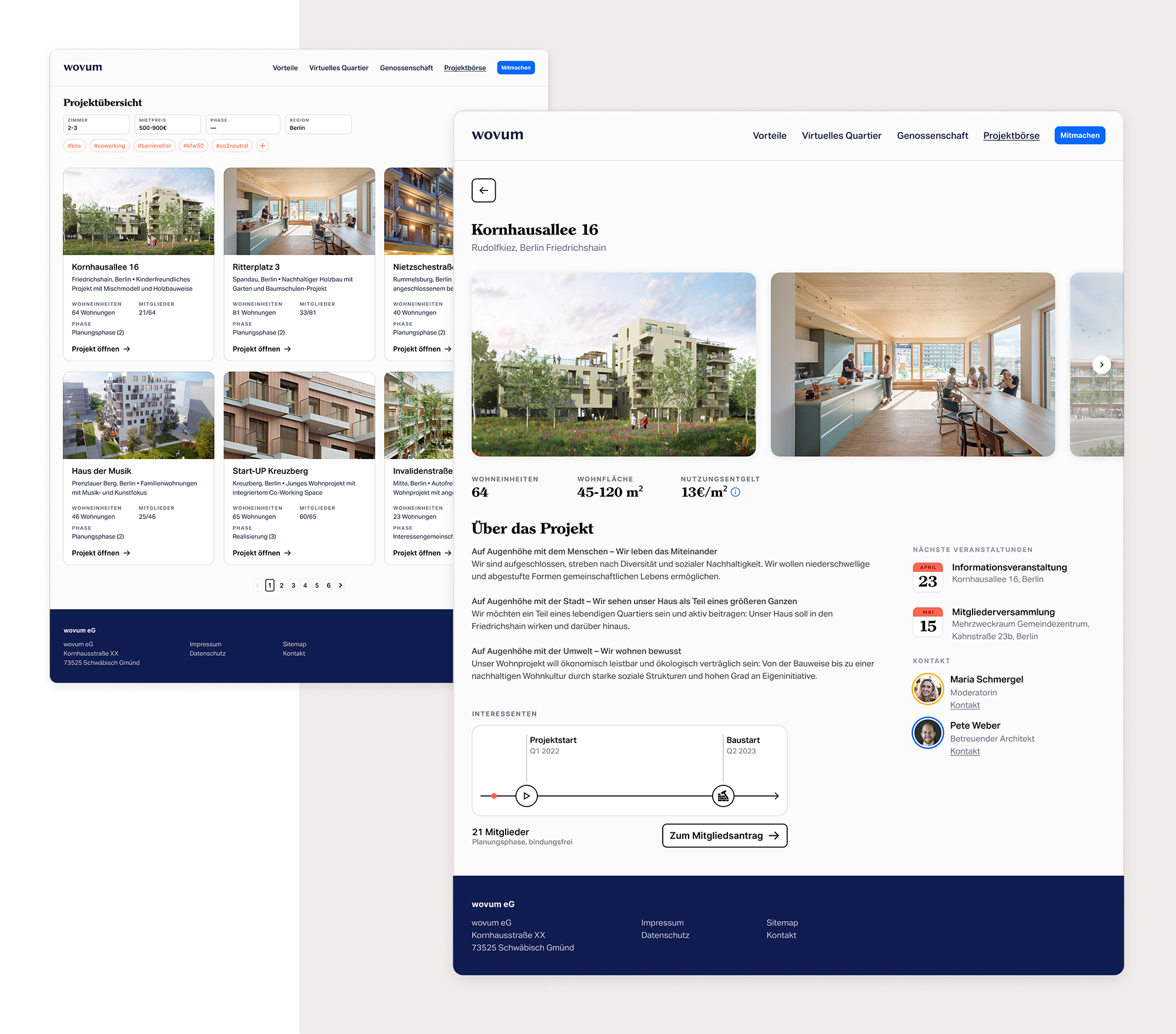 The image shows two user interface mockups that show the project directory and project detail page.