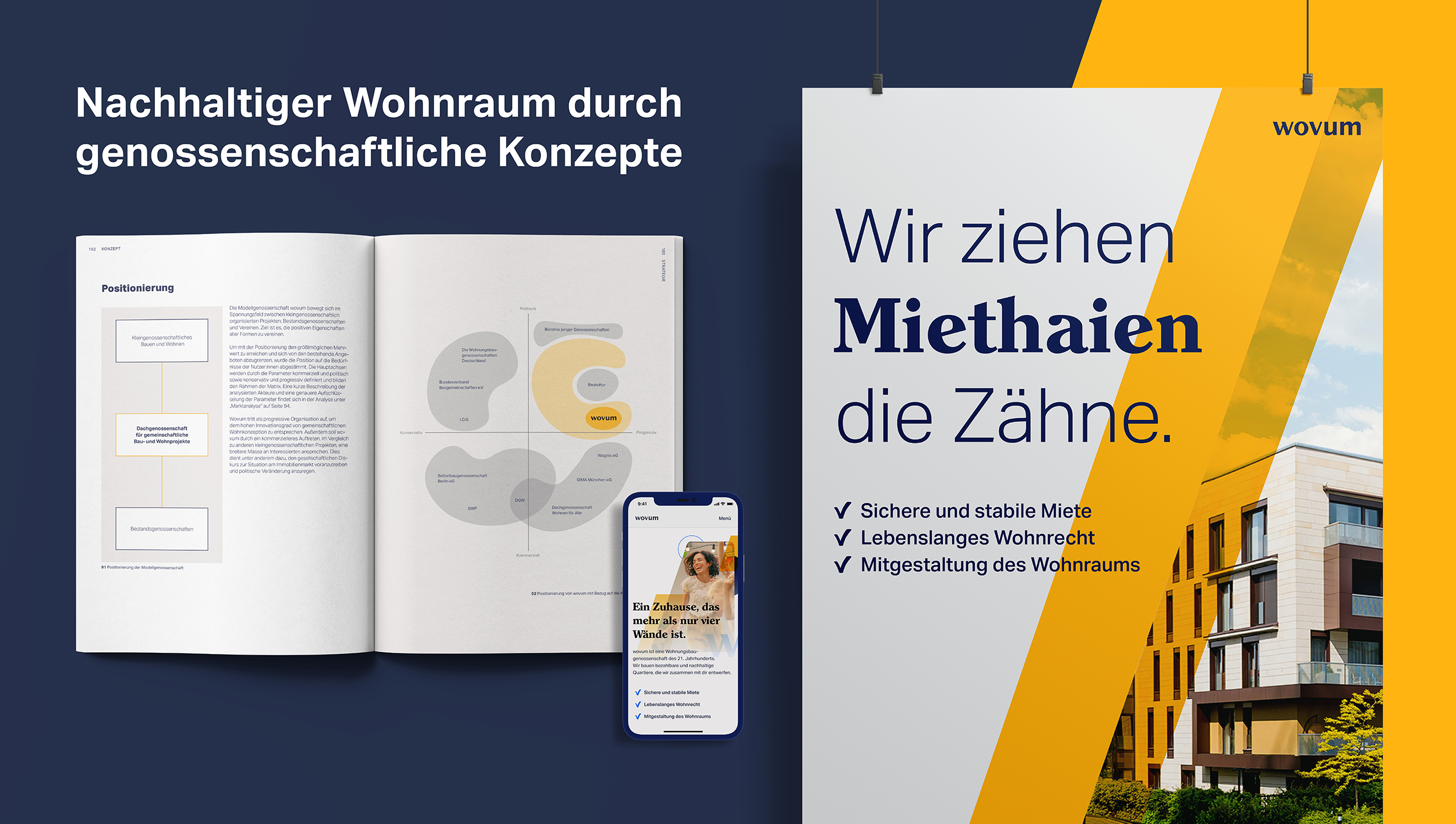 The key visual shows a flatlay of the printed documentation, a mobile view of the wovum landing page as well as a hanging poster mockup.